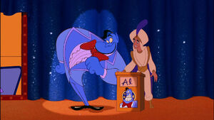 Aladdin as Genie goes to present him some mode of transportation.