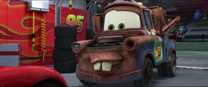 Unaware of what happened during the race, Mater excitedly asks McQueen if he's won the race.