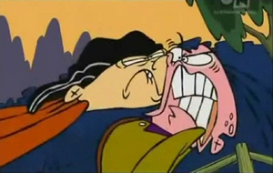 Edd arguing with Eddy about the last failed scam, through which they had to escape from Peach-Creek
