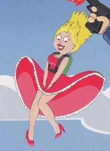 Francine Smith holding her dress skirt while skydiving.