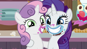 Rarity and Sweetie Belle smiling at the camera S7E6