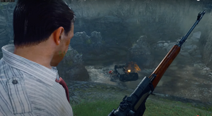 Weaver, Grey, Carver and Maya escape the destroyed truck from The Z-Rex while Richtofen is on Overwatch holding a SVD Sniper Rifle.