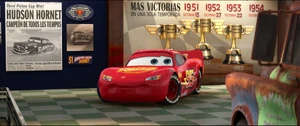McQueen being comforted by Mater who assures him that Doc would be proud of him.