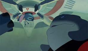 Stitch glaring at Captain Gantu.