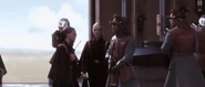Panaka, Padmé, and the royal guard having defeated the battle droids in the hangar bay.