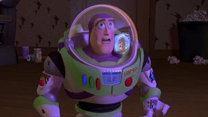 Buzz discovering that the voice on TV is actually a commercial for Buzz Lightyear action figures.