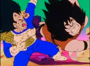 Yajirobe cuts through Vegeta's armor.