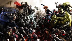 Concept art of Black Widow and the Avengers fighting Ultron Sentries.