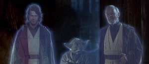 Obi-Wan, Yoda and Anakin as spirits in the final scene of Return of the Jedi.