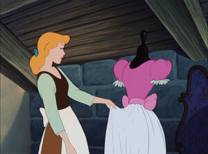 Cinderella deciding to fix up her dress later when she's done with her chores.