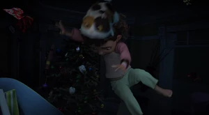 Tip floating about with Pig-Cat trying to grab hold onto Tip's hair.