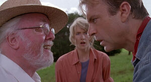 Hammond telling Alan and Ellie that his island also has a living T-Rex.