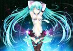 Vocaloid Hatsune Miku cleavage tie long hair numbers red eyes thigh highs twintails fireflies navel armpits wink aqua hair Miku Append anime girls Vocaloid Append detached sleeves hair ornaments arms raised bare sho