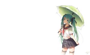 Vocaloid aqua eyes aqua hair blush hatsune miku long hair seifuku signed tidsean twintails umbrella vocaloid white zettai ryouiki 1980x1200