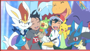 Ash and Goh with their Pokemon