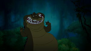 Louis's sheepish smile when he learns from Tiana, Naveen, and Ray that he been taking them in the wrong direction.