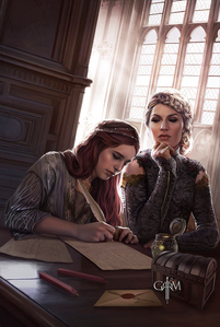 Sansa writes letters for Cersei to Robb Stark, Hoster Tully, and Lysa Arryn.