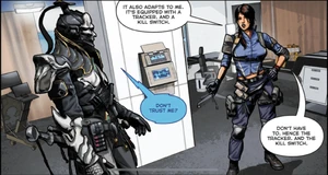 Alias informs Spectre about The Revenant Shade Armor has been an equipped with a Tracker and a Killswitch.