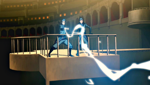 Mako uses lightning to distract Amon so he and Korra can save the airbenders.