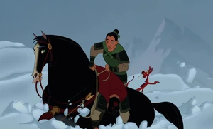 As she comes closer to a cliff, Mulan ties a rope around Khan's back with an arrow attached to the other end of the rope.