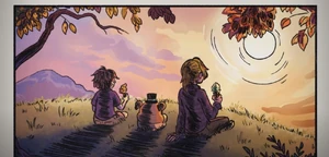 Gregory, Freddy's head and Vanessa watching the sunrise from a hill (Princess Quest Ending).