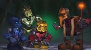 Turaga Vakama with Takanuva, Jaller, and Hahli at the end of Bionicle: Mask of Light.