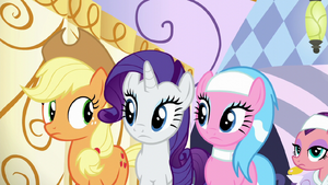 Applejack, Rarity, and Aloe look at each other S6E10
