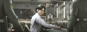 Dr. Elizabeth Grey with Notso Fluffy cornered by MPs in her Laboratory.