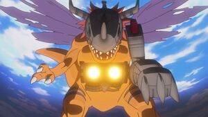 Tai on top of MetalGreymon’s head.