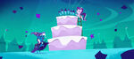 Starlight and Trixie launching fireworks from a cake