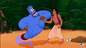 Aladdin being asked by Genie what he wants.