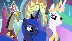 Discord dumbfounded behind princesses S9E1