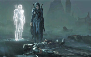 Talion looks upon Celebrimbor and Eltariel, slowly dying as they betray him.
