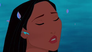 Pocahontas closing her eyes when John Smith asks for her name.