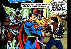 Superman asking Black Lightning to join the Justice League.