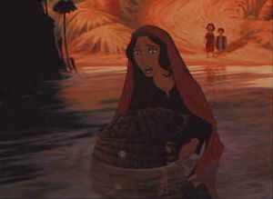 Young Aaron and Miriam watching Yocheved sending Moses down the river to safety.