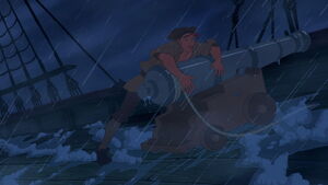 During a storm, Thomas struggles to save the cannons.