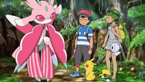 Ash, Mallow and Pikachu with Lurantis and Castform