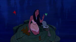 Flit, Pocahontas, and Meeko meeting Grandmother Willow.