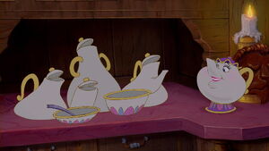 When Belle comes into the kitchen, Mrs. Potts is pleased to hear she's hungry.