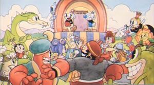 Cuphead and Mugman with all their friends in a good ending.