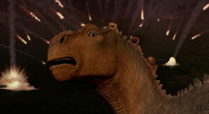 Aladar and the lemurs seeing a meteor shower destroying their home.