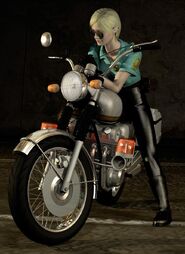Cybil on her motorcycle.