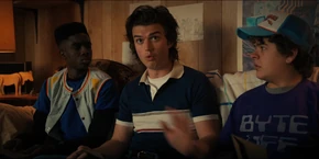 Lucas and Dustin hearing Steve immediately reject Max's request to go into town.