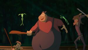 Tiana and Naveen outwitting the frog hunters.