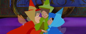 Fauna hearing how the baby princess will be hidden and raised by three peasant women in the forest.