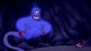 Genie meeting Aladdin, Abu, and Magic Carpet.