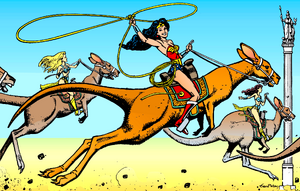 Wonder Woman riding on Jumpa the Kanga.