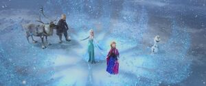 Anna, Olaf, Kristoff, and Sven watching Elsa lift the curse.