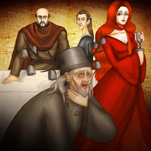 Stannis, Selyse, and Melisandre watch Maester Cressen die by poisoning himself with the strangler.
